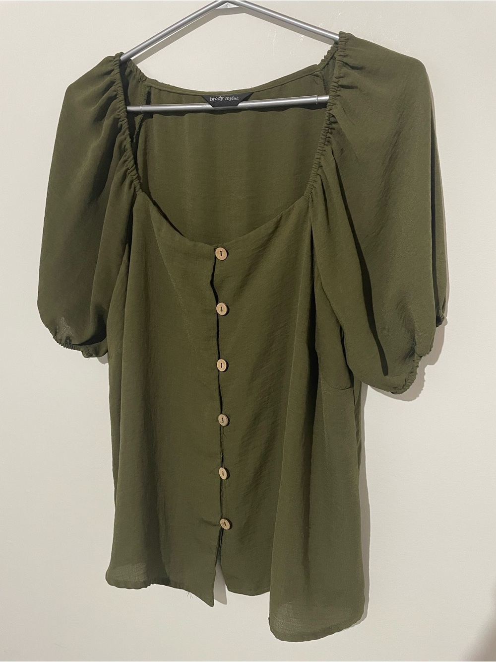 Olive Green Puff-Sleeve Button-Front Women's Blouse
